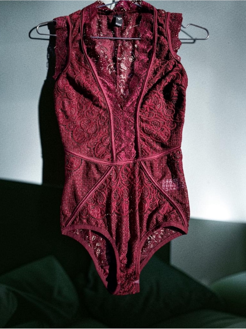 Lace bodysuit w/ plunging V-cut. Whimsigoth, dark romantic, Y2K, concert vibes.